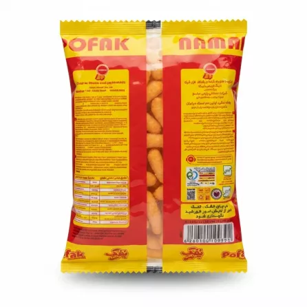 Back view of Pofak cheese snack packet showing nutrition facts and barcode