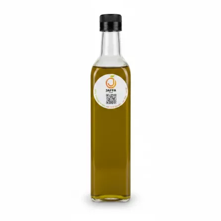 Glass bottle of Jaffa Food olive oil with label and black cap