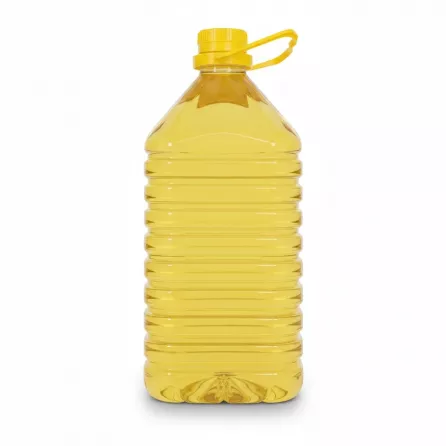 Back view of clear sunflower oil in plastic bottle with yellow cap