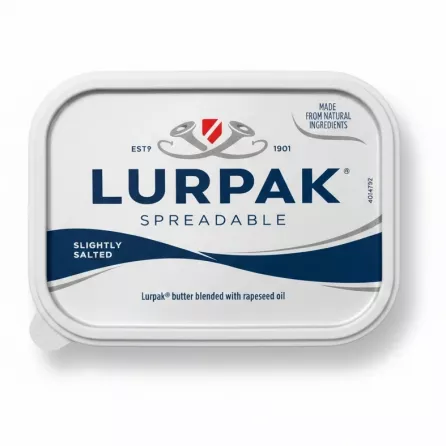 Top view of Lurpak Spreadable tub displaying logo and product name