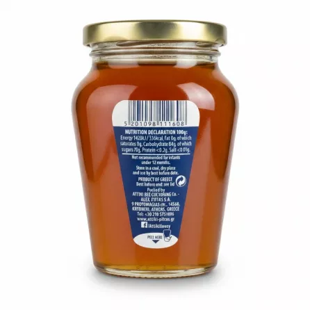 Back label showing nutrition facts and product origin of Attiki Greek Honey