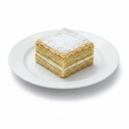 Single Napoleon Mille-Feuille square on white plate topped with powdered sugar