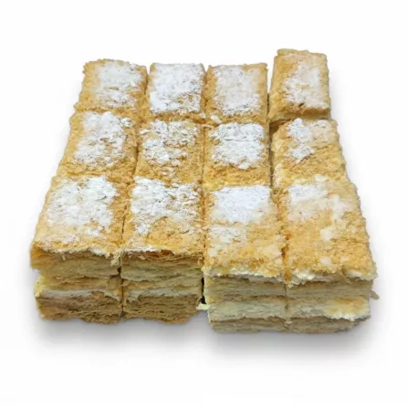 Close-up of Halalo layered Napoleon Mille-Feuille squares sprinkled with powdered sugar