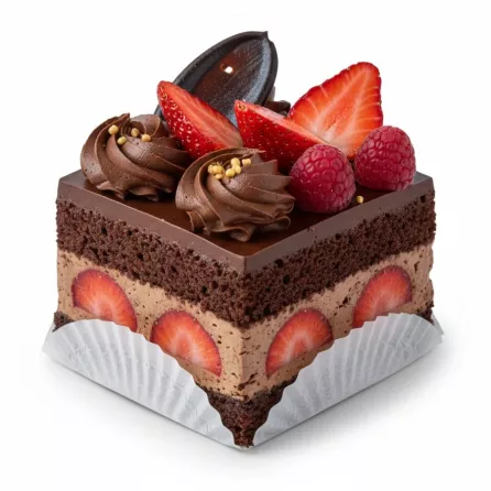 Close-up of rich chocolate berry cake slice topped with fresh strawberries, raspberries and dark chocolate swirl