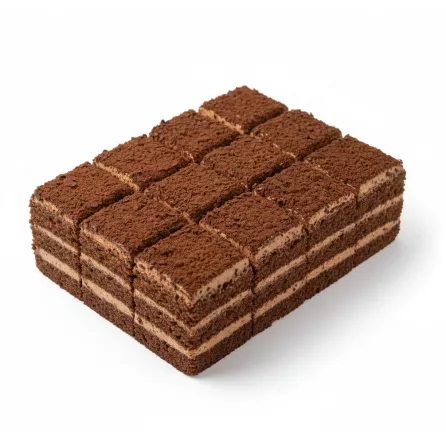 Multiple chocolate layer cake slices dusted with cocoa powder