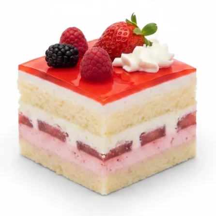 Close-up slice of strawberry berry layer cake with fresh strawberries, raspberries, and blackberries topped with whipped cream