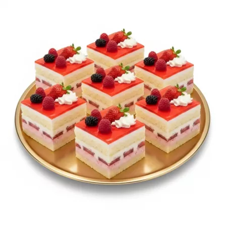 Multiple slices of strawberry berry layer cake beautifully arranged on a golden tray