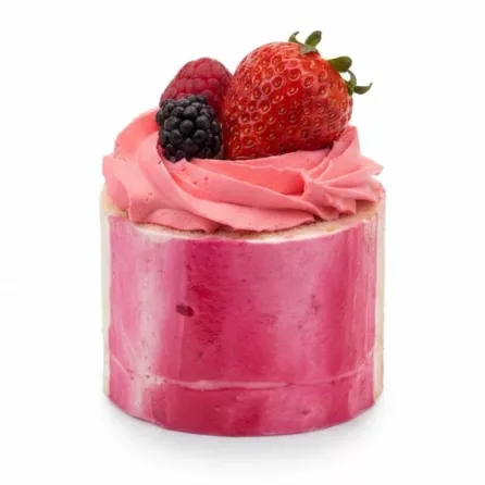 Single halalo mixed berry cream roll topped with fresh strawberries, raspberries, and blackberries