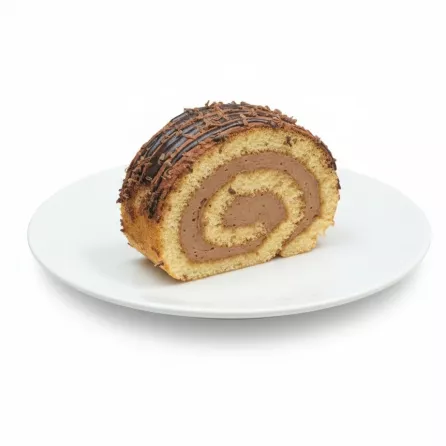 Slice of chocolate swirl cake roll on a white plate showing creamy filling