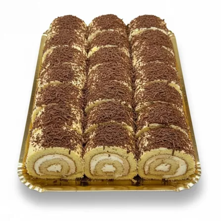 Tray of Halalo pre-sliced creamy chocolate Swiss roll slices topped with chocolate shavings