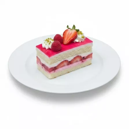 Single slice of Mixed Berry Celebration Cake on white plate topped with strawberries, raspberries and pistachios