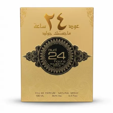 Front view of Oud 24 Hours Majestic Gold perfume box showing Arabic and English text