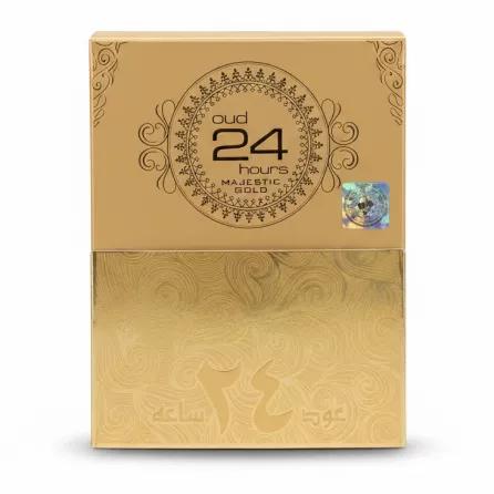 Box packaging of Oud 24 Hours Majestic Gold perfume in gold with decorative pattern