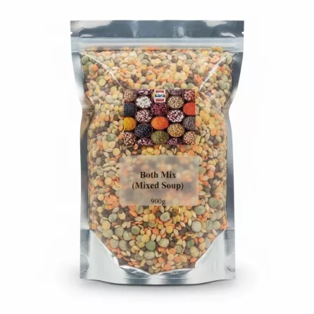 packet of Sara brand Both Mix Lentils Soup showing mixed lentils inside transparent packaging