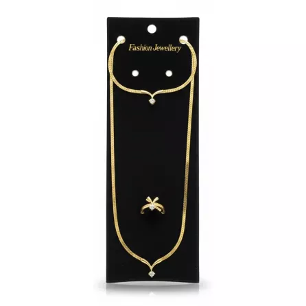Gold-tone necklace, bracelet and ring set with single clear stones on black display card