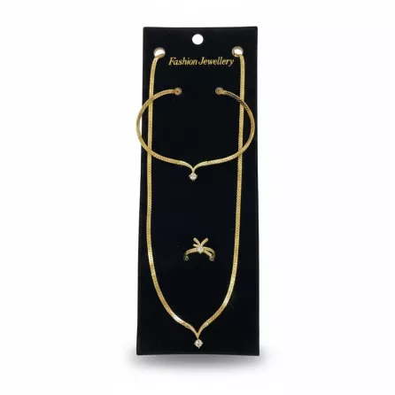 Matching gold-tone necklace, bracelet and ring set shown on black velvet display card