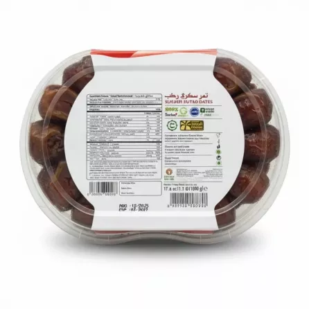Back label with nutrition and product information on Sukari Rutab Dates
