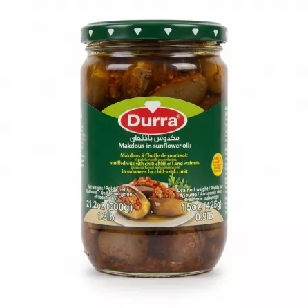 Jar of Durra Makdous eggplants stuffed with chili and walnuts in sunflower oil