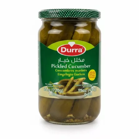 Jar of Durra pickled cucumbers with green dotted lid