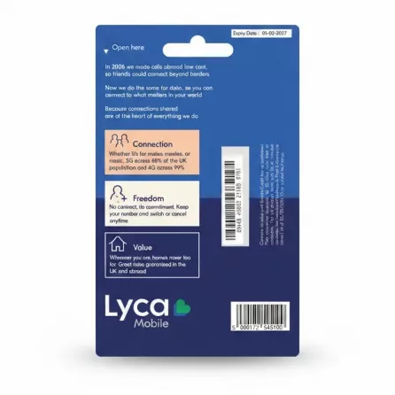 Lyca Mobile 5G data bundles card back with info and barcode