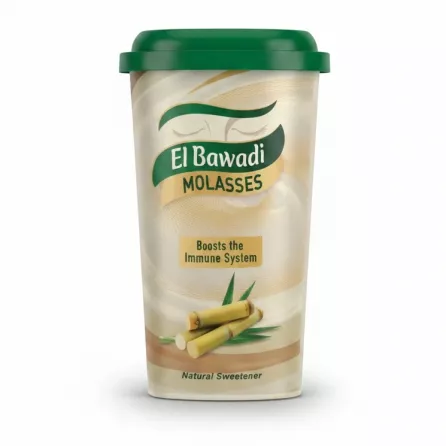 El Bawadi Molasses container with green lid and sugarcane illustration