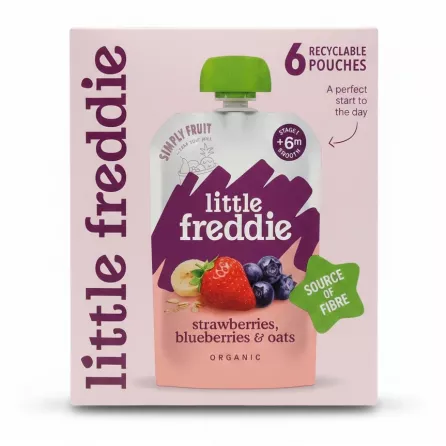 Box of Little Freddie organic baby food pouch with strawberries, blueberries and oats
