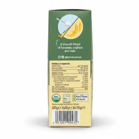 Little Freddie banana yoghurt organic pack back with nutrition and ingredients