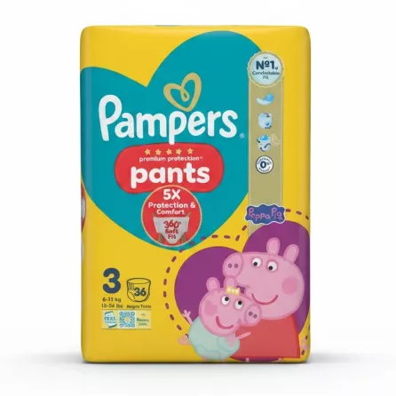 Front view of Pampers Premium Protection Pants Size 3 pack showing key features
