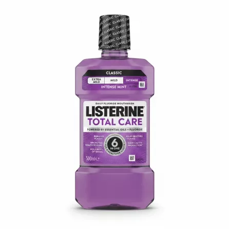 Front view of Listerine Total Care Intense Mint 500ml bottle with purple liquid