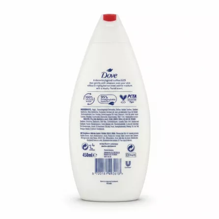 Dove Velvet Glow Body Wash 450ml back view showing ingredients and details