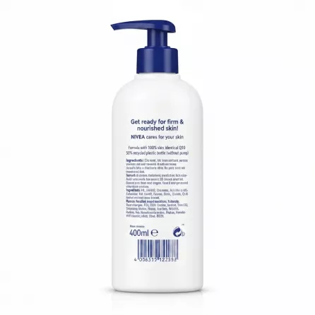 Nivea Firming Body Lotion Q10 bottle back with ingredients and usage information