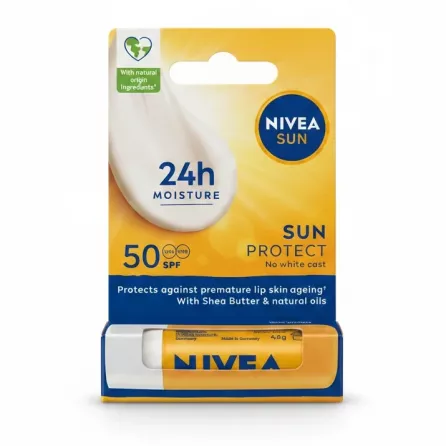 Nivea Sun Protect lip balm SPF 50 in yellow and blue packaging