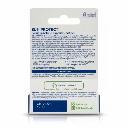 Back of Nivea Sun Protect lip balm packaging with detailed product information