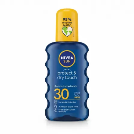 Nivea Sun Protect & Dry Touch SPF 30 blue bottle with yellow cap
