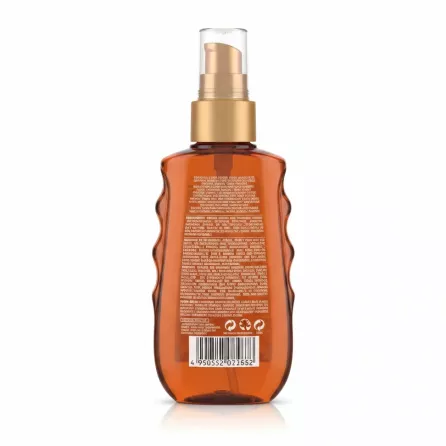 Garnier Ambre Solaire Ideal Bronze tan enhancing oil bottle back with ingredients and usage