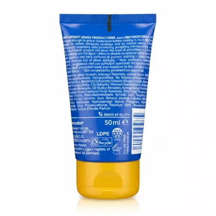 Back view of NIVEA Sun Kids To Go SPF 50+ sunscreen tube showing product ingredients and instructions
