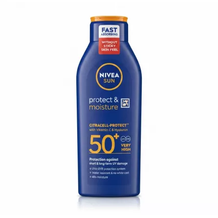 Front view of Nivea Sun Protect & Moisture SPF 50+ sunscreen bottle with clear label