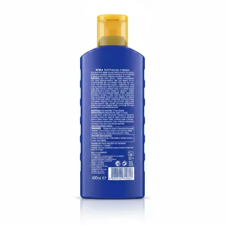 Back view of Nivea Sun Protect & Moisture SPF 50+ sunscreen bottle showing usage instructions and ingredients