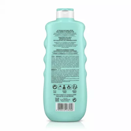 Back label of Garnier Ambre Solaire soothing after sun lotion showing usage and ingredients