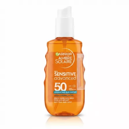 Garnier Ambre Solaire Sensitive Advanced SPF 50 Hydrating Sun Water front label
