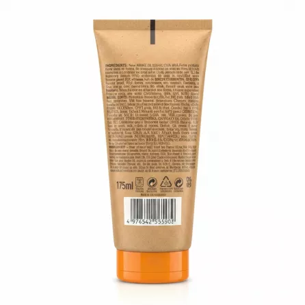 Back view of Garnier Ambre Solaire Kids Sensitive SPF 50+ sunscreen tube showing ingredients and usage instructions