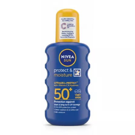 Front view of Nivea Sun Protect & Moisture SPF 50+ bottle with blue body and yellow cap