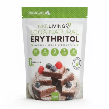 NKD Living 100% Natural Erythritol front packaging with brownie dessert image