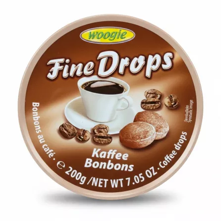 Woogie FineDrops Coffee Bonbons in a round brown tin with coffee cup and beans illustration