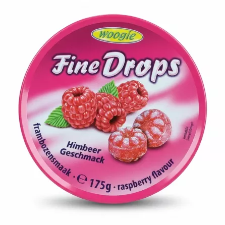 Woogie Fine Drops raspberry flavour candy tin