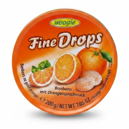 Tin of Woogie Fine Drops orange flavour candies