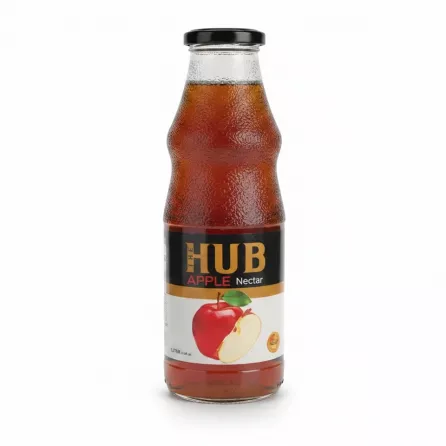 Glass bottle of The Hub Apple Nectar showing front label with apple image