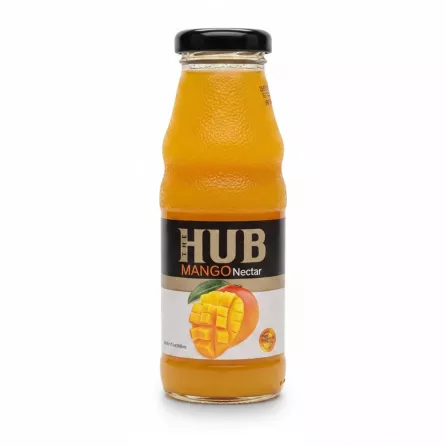 Glass bottle of The Hub Mango Nectar showing front label with mango image