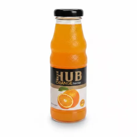Bottle of The Hub Orange Nectar on wooden table