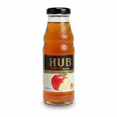 Glass bottle of The Hub Apple Nectar with apple illustration on label